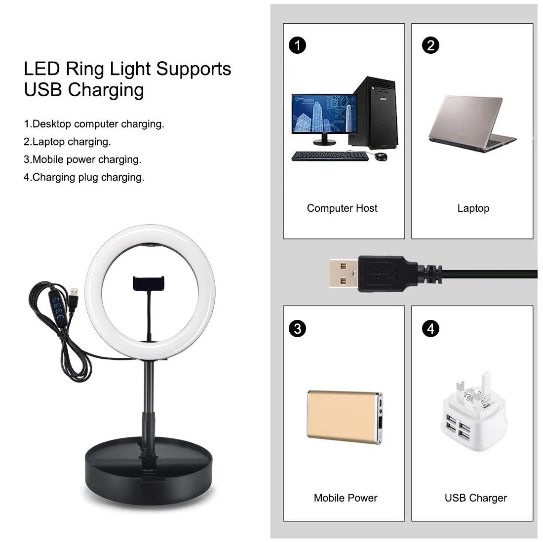 10.2" Dual-Colour LED Ring Light with USB Bluetooth Remote & Phone Holder | White