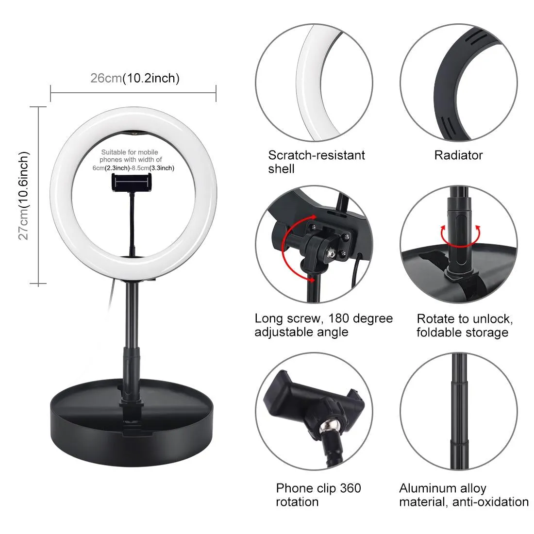 10.2" Dual-Colour LED Ring Light with USB Bluetooth Remote & Phone Holder | White