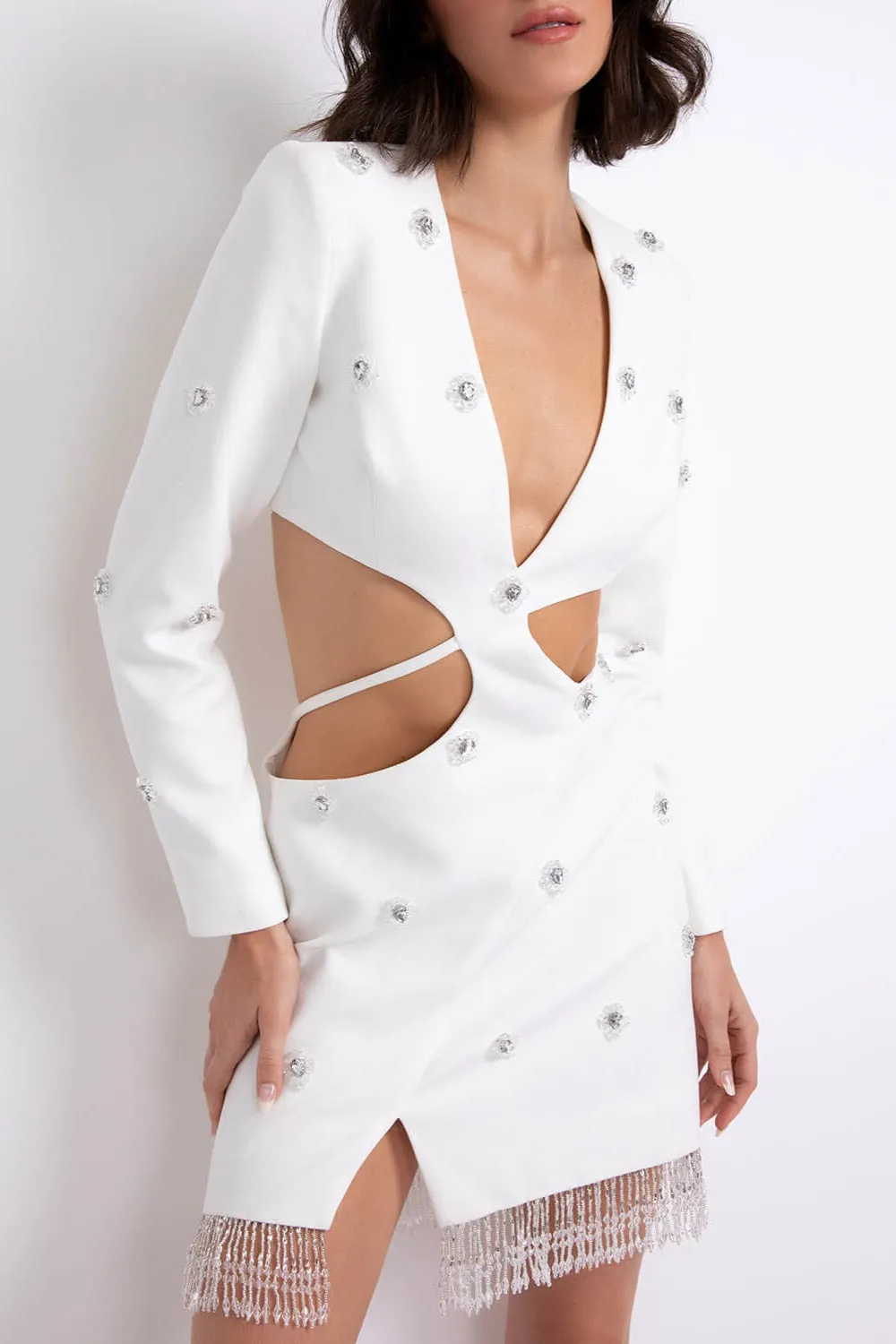 HAND-BEADED CUT-OUT BLAZER MINI DRESS